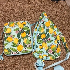 Vera Bradley Lemon Print Backpack and iPad case Set - Blue and Yellow
